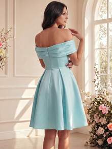 Elegant Women's Ball Gown, Open Shoulder Design, Short Sleeves, Knee-Length Flared Dress, Backless, Woven Fabric Wedding Party Fall - Baby Blue - View 2