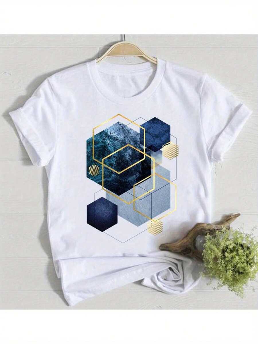 Women's Fashionable Printed T-Shirt - Comfortable And Relaxed, Round Neck, Suitable For All Seasons, Elegant Casual Top, Local Shipping, Pure Summer Top, Must-Have For Stylish Summer Parties - 白色 - 查看 1