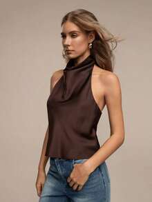 Vestido de fiesta sexy con espalda descubierta de unicolor para mujer, top hombros descubiertos - Café integral - Ver 4