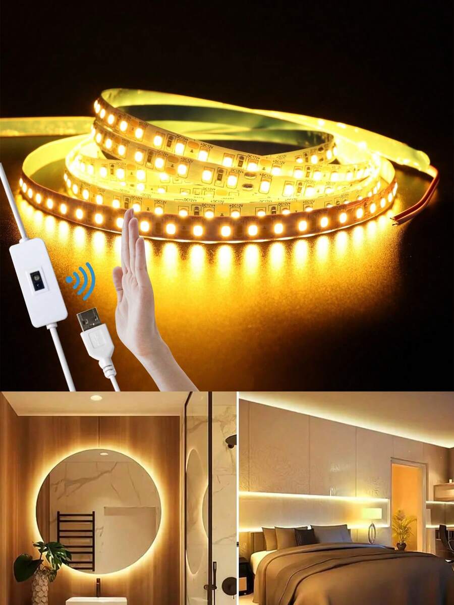 USB LED Light Strip, Hand Sweep Sensor Control, Warm White Dimmable, Cuttable & Bendable Soft Light Bar, Suitable For Bedroom, Mirror, Cabinet, Kitchen And Home Decor