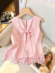 Blusa minimalista versátil para mujer con lazo, de gasa negra y sin mangas, en color albaricoque, nuevos lanzamientos de primavera/verano de estilo elegante francés - Rosa Pálido - Ver 6