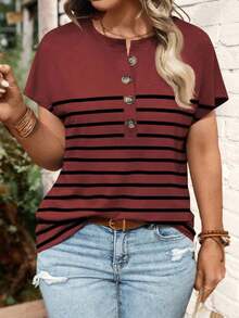 Nueva camiseta de manga corta con cuello en V y estampado de leopardo, talla grande, popular para mujeres en primavera/verano - Burdeos - Ver 4