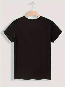 Camiseta estampada de gato y letras, manga corta, cuello redondo, top casual para verano y primavera, ropa de mujer - Negro - Ver 2