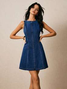 Vestido de mezclilla sin mangas con cuello redondo, espalda descubierta y atar atrás, para mujer en verano - Azul lavado oscuro 2 - Ver 5