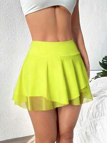 Falda deportiva casual de mujer de cintura alta sólida con malla - Verde - Ver 4