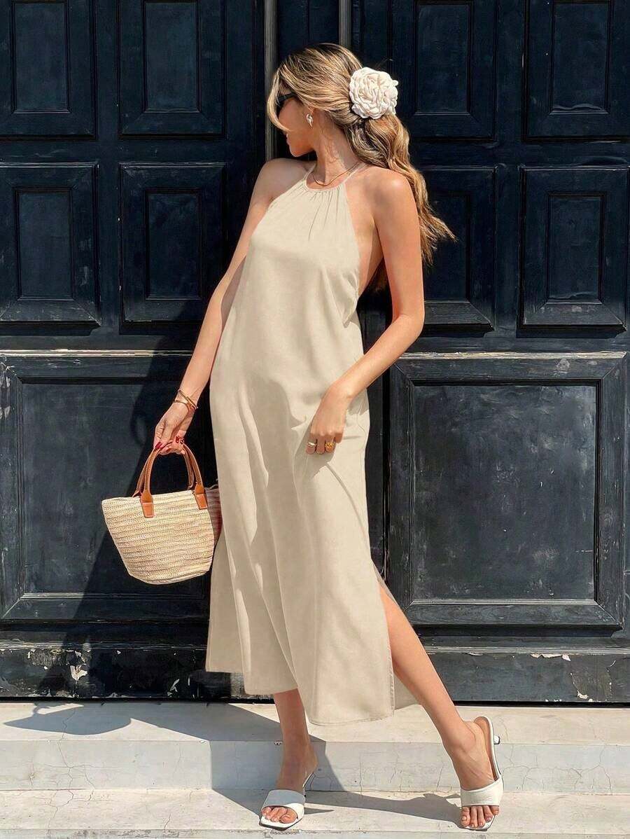 Vestido casual de vacaciones con cuello halter, envolvente y lazo en la espalda - Albaricoque - Ver 1