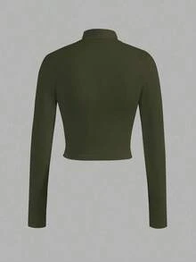 Chaqueta básica casual de ajuste ceñido con cremallera, cuello en V y manga larga para otoño/invierno - E - Verde militar - Ver 2
