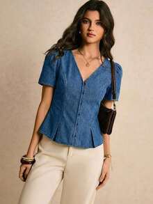 Blusa de mujer de mezclilla, camisa de mezclilla de ajuste ceñido con cuello en V y mangas cortas, camisa de mezclilla azul oscuro, blusa casual de verano y primavera para mujeres, fiesta de San Valentín, salida, blusa casual para mujer estilo Y2 - Azul lavado medio - Ver 5