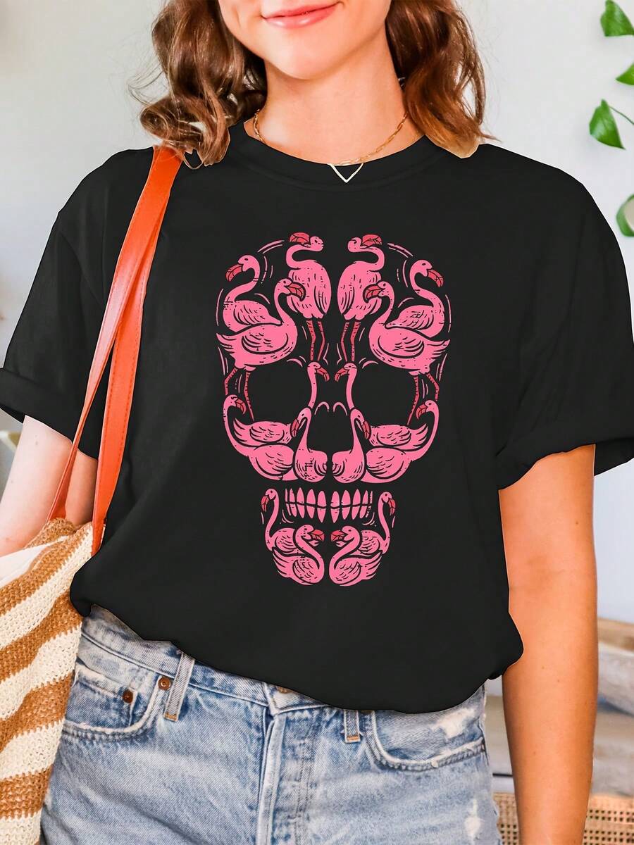 Cráneo de flamenco estampado camiseta de Halloween, manga corta cuello redondo casual para verano y primavera, ropa de mujer - Negro - Ver 1