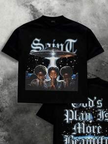 (100%Cotton T-Shirt)  God's Plan   Pattern Print Men's Summer Round Neck Short Sleeved Casual Cotton Print - 黑色 - 查看 2