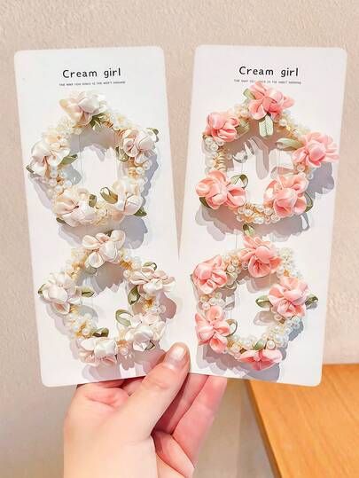 2/4pcs/Set Floral Pearl Hair Scrunchies - Suitable For Girls And Women, 3D Fabric Flowers + Faux Pearl Wrapped, Soft And Gentle Vibe, Milky White, Peach Pink Gentle Colors, Suitable For Commuting, Dating, Vacation And Other Occasions, High-End Daily Wear, Random Color