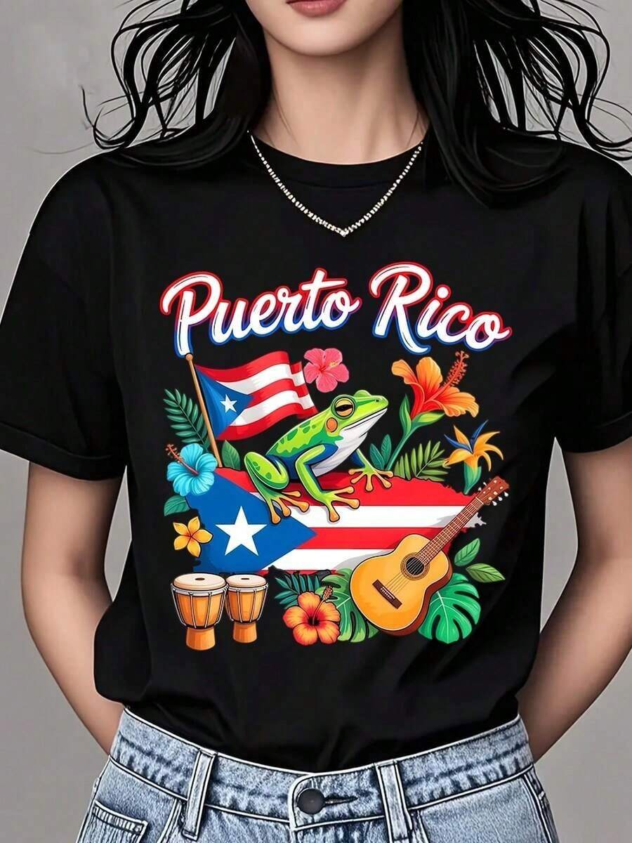 1 Piece Women's Round Neck T-Shirt With Floral Design Of Puerto Rico Flag, Frog, Guitar And Drum Set, Short Sleeve, Casual Summer Style For Beach Vacations And Travel, 180g 100% Cotton - 黑色 - 查看 1