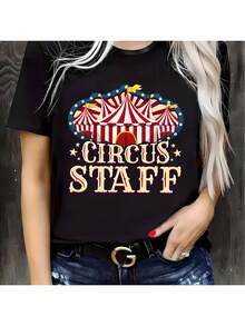 Women's Tops | Women's Circus Print T-Shirt - Casual Black Short-Sleeved Crew Neck T-Shirt With Red And Blue Stripes, Stars And Tent Patterns, Breathable For Spring And Summer, Women's Summer Clothing, Perfect For Everyday Wear And Gifts, Circus T-Shirt, Great For Vacation And Playtime, Excellent For Parties And Family Holiday Outfits, Summer Outfit, Warm Weather Clothing. - 黑色 - 查看 7