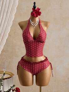 Swim Mod Conjunto de traje de baño de verano con top corto con volantes y estampado de lunares y Bottom de bikini con lazo en la cintura para mujer - Rojo 2 - Ver 3