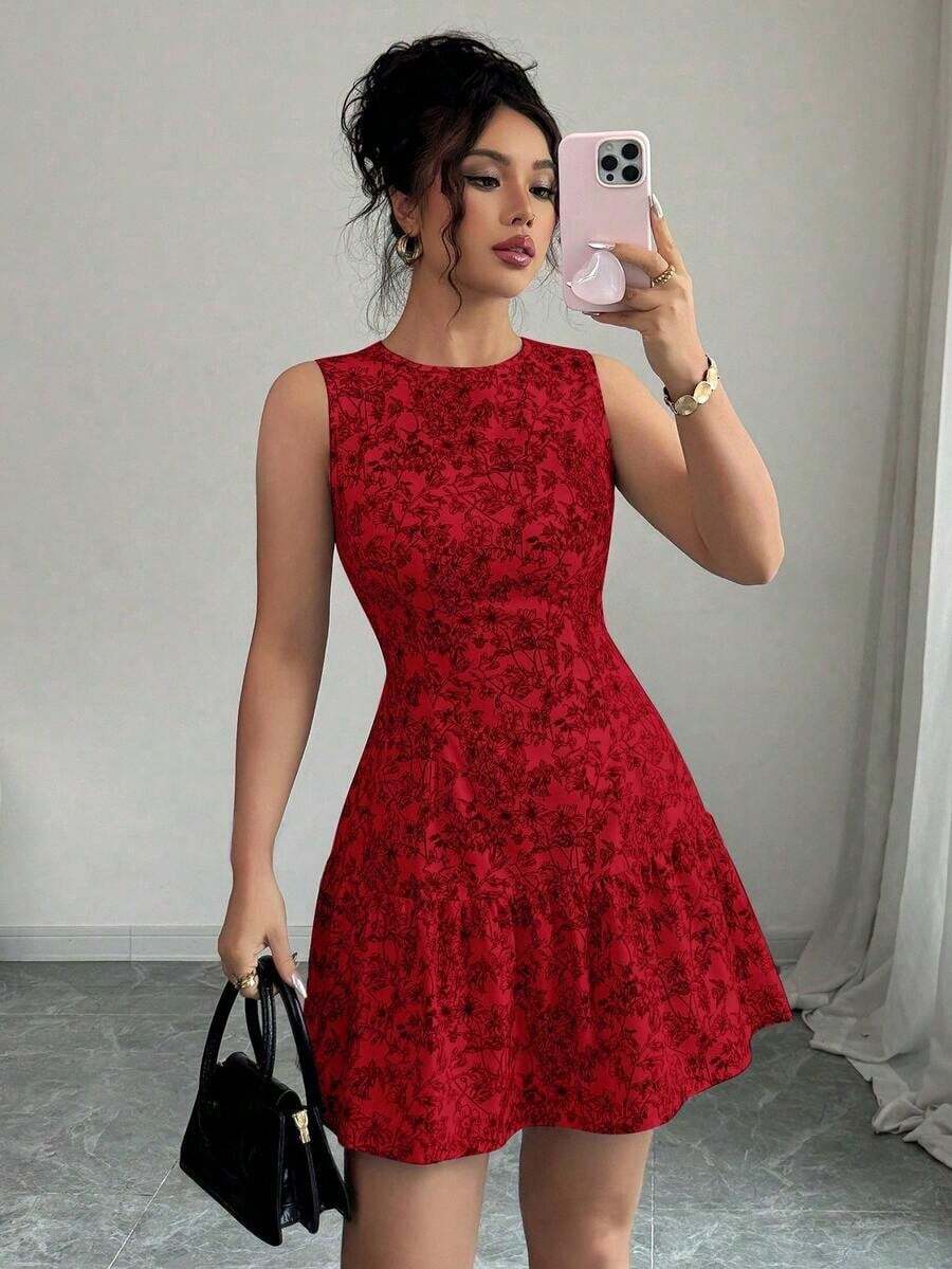 Vestido mini elegante de estilo bohemio con estampado floral, sin mangas y cintura ceñida para mujeres, conjunto de verano con acabado tejido al estilo francés para graduaciones, primavera/verano - Rojo 2 - Ver 1