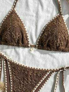 Conjunto de bikini de 2 piezas para mujer de verano con tela jacquard de unicolor, volantes en el borde y tirantes ajustables - Marrón - Ver 5
