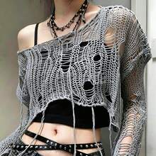 Suéter de punto Grunge con cuello oblicuo para mujer, jersey rasgado con agujeros, Top corto Harajuku, jerséis sexys calados para verano que combinan con todo - Gris - Ver 5