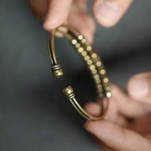 1 pieza [Textura artística retro] Brazalete de cobre puro hecho a mano con doble capa y retorcido, brazalete de puño abierto único, accesorio de diseño exclusivo - Marrón - Ver 3