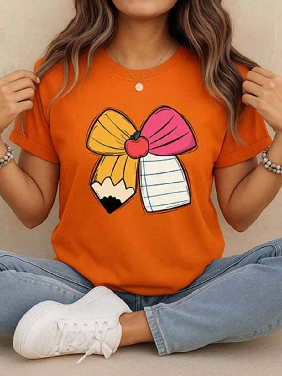 Free Shipping, Local Delivery In Mexico, Delivery In 4 Days. Short-Sleeved T-Shirt With Pencil Print, Round Neck, Women's T-Shirts, Printed Blouses For Women. - 橘色 - 查看 1