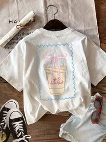 Women's Short Sleeve Crew Neck T-Shirt - Kawaii Breakfast Print Blouse | Spring-Summer Casual Blouse Suitable For Outfits, Machine Washable Crew Neck T-Shirt For Uniforms And Casual Wear - 白色 - 查看 2