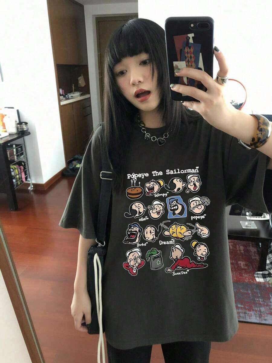 Short-Sleeved T-Shirt With American Retro Design, Unique Design, Slim Fit, Casual Style, Black Color. - 深灰色 - 查看 1