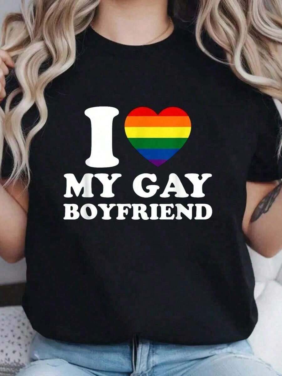 Cotton T-Shirt With "I Love My Gay Boyfriend" Print, Women's Casual Summer Crew Neck Short Sleeve Graphic Tops - 黑色 - 查看 1