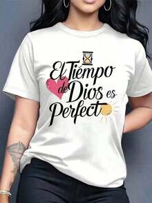 Matching T-Shirts For Couples | Women's Graphic Tee | Short Sleeve Crew Neck Basic T-Shirt | Comfortable, Cool, Lightweight, Modern, Youthful, Casual Print | Religious Phrase: God's Timing Is Perfect | Christian Letters: Heart | Exquisite Design | Loose And Comfortable | Easy To Match | - 白色的 - 查看 1