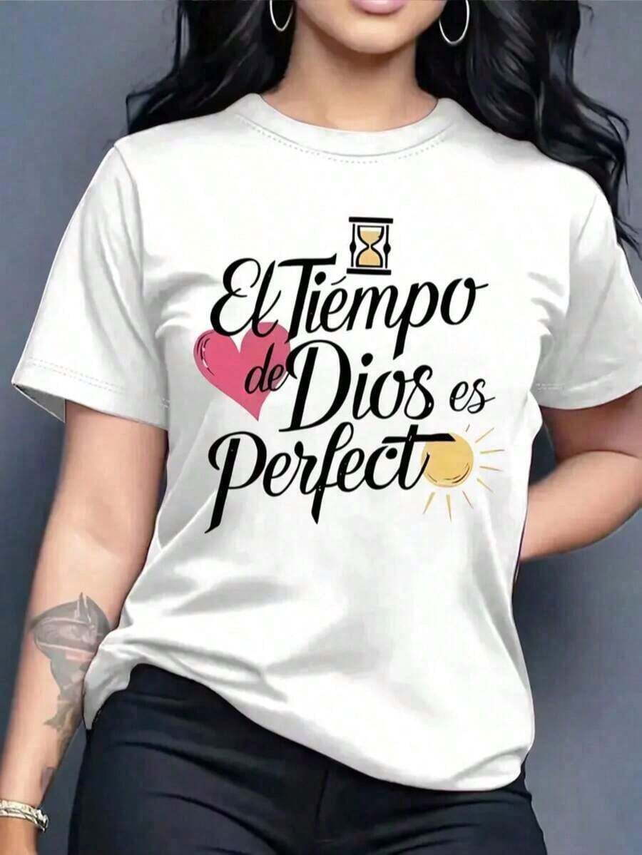 Matching T-Shirts For Couples | Women's Graphic Tee | Short Sleeve Crew Neck Basic T-Shirt | Comfortable, Cool, Lightweight, Modern, Youthful, Casual Print | Religious Phrase: God's Timing Is Perfect | Christian Letters: Heart | Exquisite Design | Loose And Comfortable | Easy To Match | - 白色的 - 查看 1