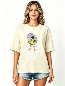 1 Piece Women's Loose-Fitting, Short-Sleeved T-Shirt With A Fun Text Print. Made From 100% Pure Cotton, It's Soft Against The Skin. A Simple Street-Style T-Shirt Perfect For Summer, Work, Or Casual Dates. - 杏 - 查看 1