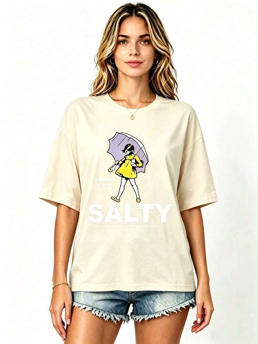 1 Piece Women's Loose-Fitting, Short-Sleeved T-Shirt With A Fun Text Print. Made From 100% Pure Cotton, It's Soft Against The Skin. A Simple Street-Style T-Shirt Perfect For Summer, Work, Or Casual Dates. - 杏 - 查看 1