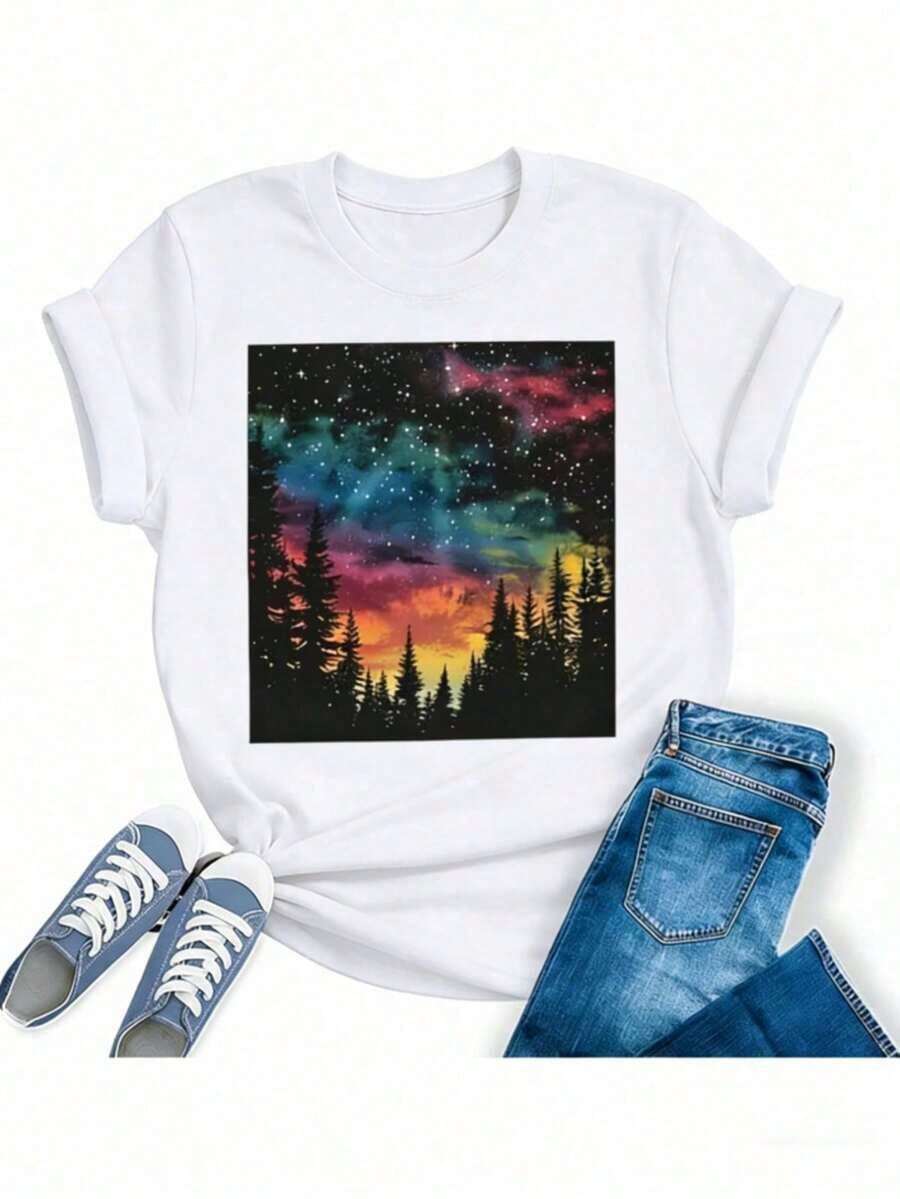 100% Cotton Women's Hiking T-Shirt, For Mountain, Camping, Nature, With Pine And Sunrise Print, Short Sleeve, Regular Fit, Comfortable Cotton Graphic Tees. - 白色 - 查看 1