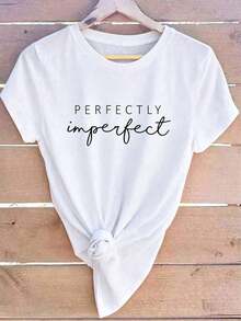 100% Cotton Minimalist Casual T-Shirt With Letter Print, Short Sleeve, PERFECTLY Imperfect Graphic Tees For Women - Unisex, Loose Fit, Comfortable, Urban Vintage Style, Cotton T-Shirt - 白色 - 查看 6