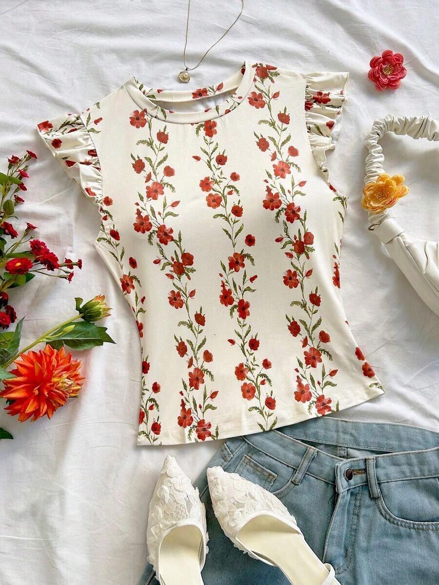 Camiseta de manga corta con estampado floral casual para mujer, de verano - Multicolor - Ver 1