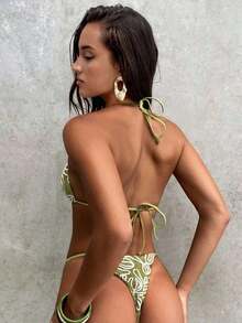 Conjunto de bikini con estampado de teñido anudado para mujer, traje de baño de mujer con decoración de concha iridiscente sexy para fiestas y festivales de música, atuendo de playa de vacaciones para mujer - Verde - Ver 2
