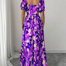 Elenzya Floral Print Waist Defined Puff Sleeve Square Neck Women Dress - Amarillo - Ver 10