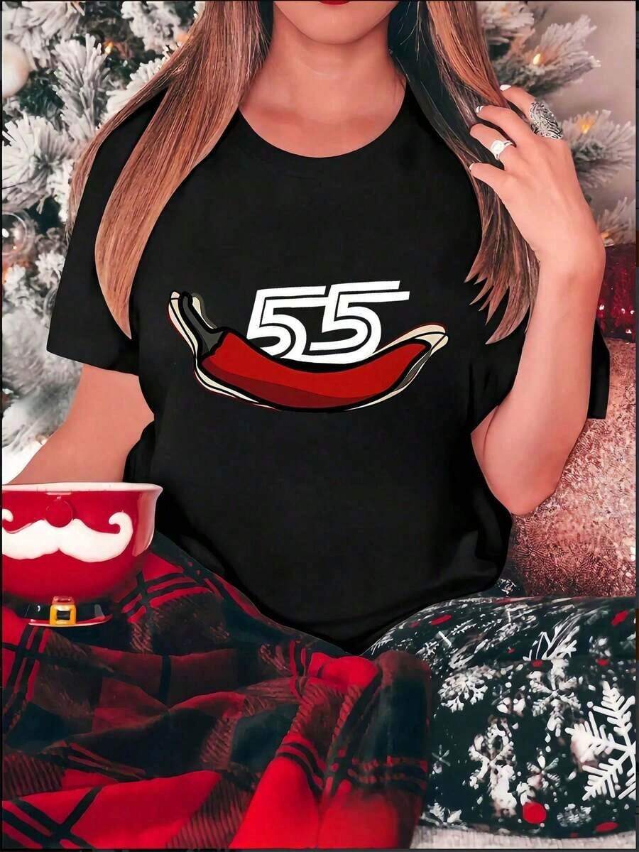 Women's Plus Size T-Shirt With A Modern Style, Short Sleeves, Featuring A 55-Letter Chili Print, Perfect For Casual Summer Outings And Comfortable Vacation Wear. - 風格 - 查看 1