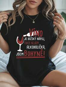 Talla Extra Grande, Camiseta de Mujer de Talla Extra Grande con Estampado de Letras Checas, Top Casual de Manga Corta y Cuello Redondo para Verano y Primavera, Ropa de Mujer - Negro - Ver 1