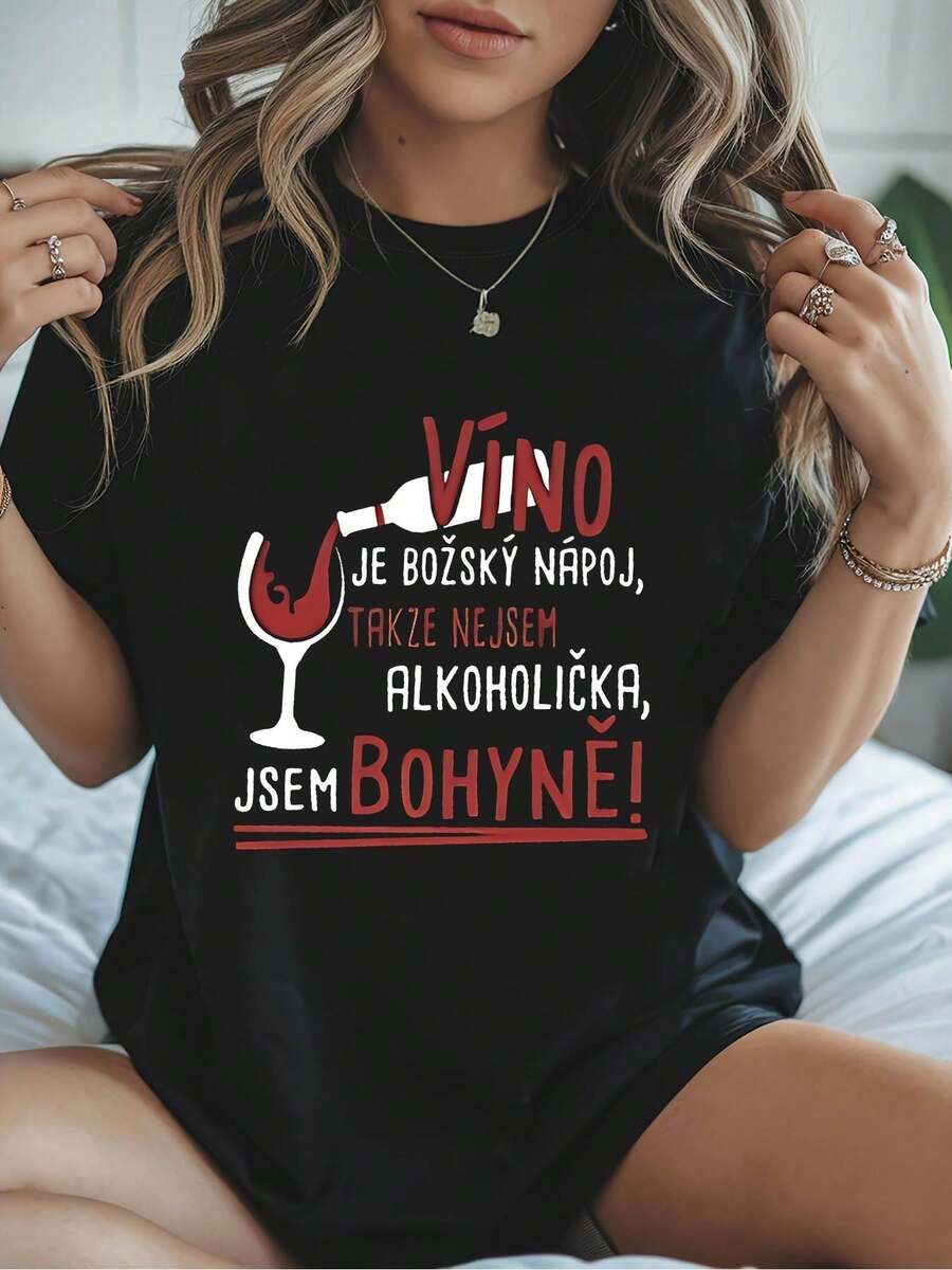 Talla Extra Grande, Camiseta de Mujer de Talla Extra Grande con Estampado de Letras Checas, Top Casual de Manga Corta y Cuello Redondo para Verano y Primavera, Ropa de Mujer - Negro - Ver 1