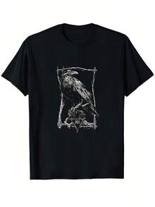 Camiseta Gráfica Gótica de Cuervo y Grulla para Hombre - Tela Suave, Cuello Redondo, Mangas Cortas, Diseño Detallado de Pájaro Negro y Rama, Camisa Casual Versátil para Uso Diario, Ajuste Regular Cómodo, Estilo Gótico. - Negro - Ver 1