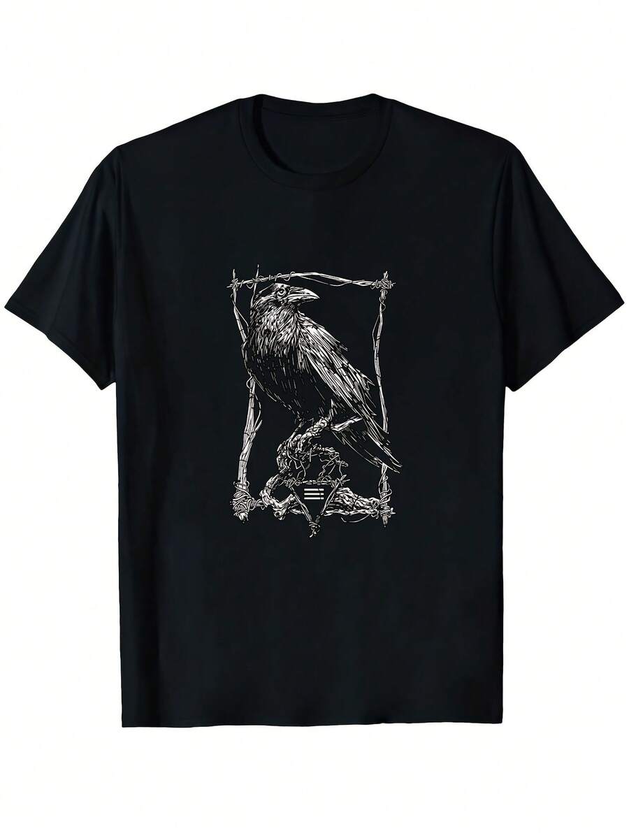 Camiseta Gráfica Gótica de Cuervo y Grulla para Hombre - Tela Suave, Cuello Redondo, Mangas Cortas, Diseño Detallado de Pájaro Negro y Rama, Camisa Casual Versátil para Uso Diario, Ajuste Regular Cómodo, Estilo Gótico. - Negro - Ver 1