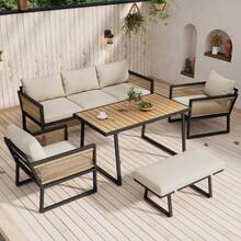 Garden Dining Set, Garden Lounger Set, 5-Piece Garden Furniture Set, 3-Seater Sofa, 2 Armchairs, Stool And Dining Table, Plastic Wood Tabletop, Braided Rope Armrests, Galvanized Steel, Beige - 米色 - 查看 3