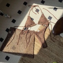 Nuevo traje de baño de tres piezas de malla especial, bikini sexy con tirantes. - Albaricoque - Ver 9