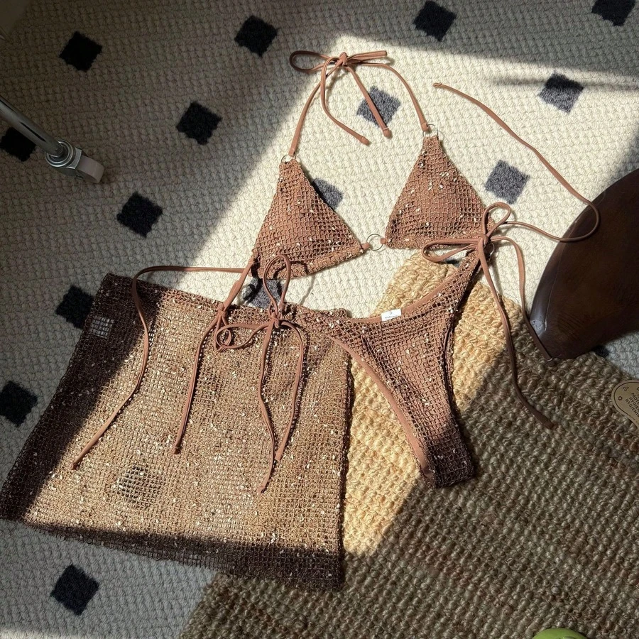 Nuevo traje de baño de tres piezas de malla especial, bikini sexy con tirantes. - marrón café - Ver 1