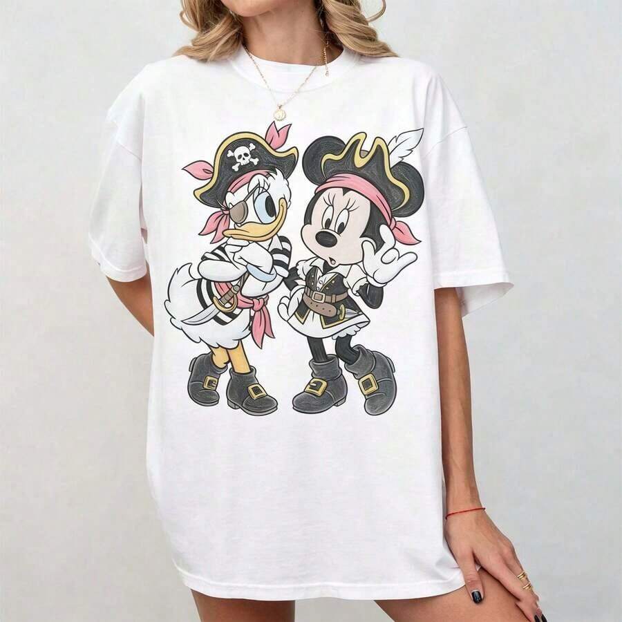 Shirt With Disney Pirate Motif, Minnie Mouse & Daisy Duck,  Friends' T-Shirt, Perfect Gift For Her, Ideal For WDW, Disneyland, And Friends' Cruise Trip. - trắng - Xem 1