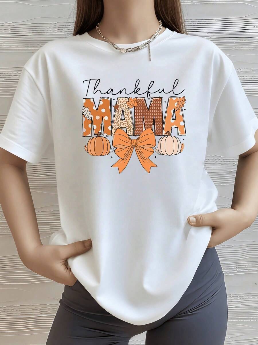 Calabazas naranjas con un gran lazo simbolizan la gratitud y el amor familiar expresando un mensaje de agradecimiento tierno y otoñal camiseta de mujer casual cómoda perfecta para mamás - Blanco - Ver 1