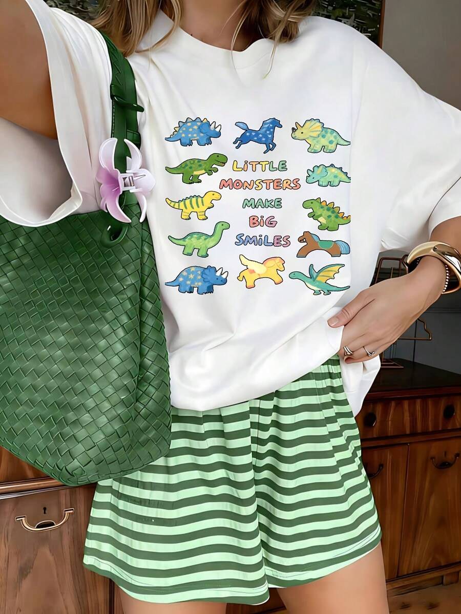 Kawaii Dinosaur Graphic T-Shirt, 100% Cotton Oversized Soft Breathable Casual Crewneck Short Sleeve Top, Summer Vibes Aesthetic Streetwear Tee For Women & Kids Lovers - 白色 - 查看 1