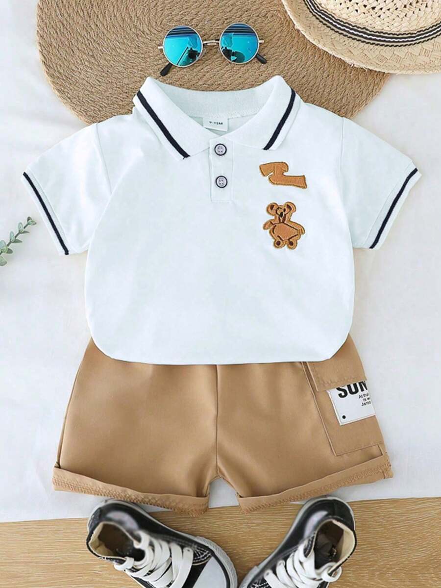 婴儿/幼儿卡通熊领短袖短裤套装,夏季 - 象牙色 - 查看 1