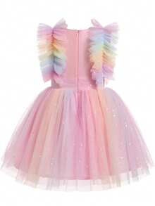 Infant Girls Elegant Cute Star Ruffle Mesh Princess Dress, Formal Gown For Birthday Party, Flower Girl, Vacation - Pink - View 11