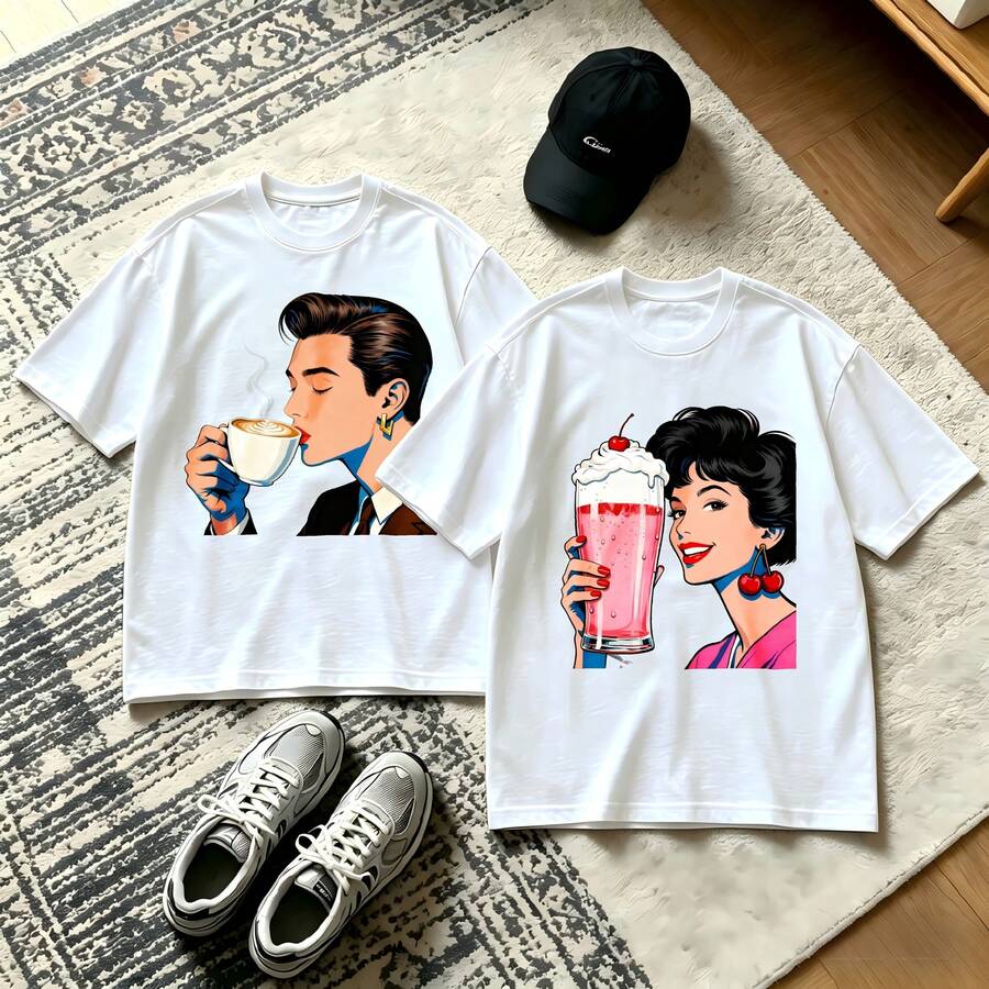 2-Piece Couple Matching Pattern T-Shirt, 100% Cotton, Loose Fit, Soft And Breathable, Casual Round Neck Short Sleeved Top Eternal Elixir Bottle Design Phoebus Blue Bottle Art Versatile Patterns No Picky Combinations Coordinated Dating Casual Travel Simple And Cartoonish Printing Styles High - 白色 - 查看 1