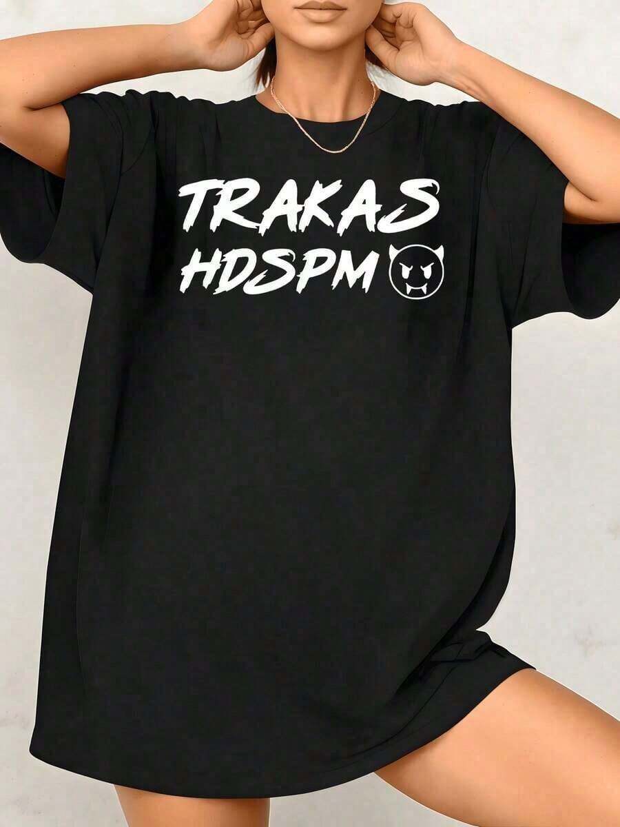 ComfortablePlayera minimalista moderna para mujer Trakas HDSPM con estampado gráfico de cara de diablo, diseño genial, 100% algodón, cuello redondo, cómoda para uso diario, 1 pieza. Son excelentes regalos para amigos y familiares. Estilo urbano de gran tamaño. Camisetas gráficas para mujer. Camiseta holgada y versátil de manga corta para mujer. - Negro - Ver 1